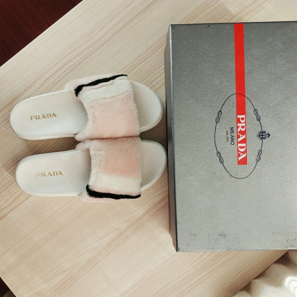 Authentic Prada fur platform slide sandals